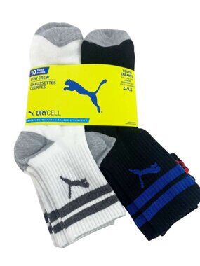 Puma Youth Low Crew Socks | 10 Pair | Black & White | Athletic | Size 4-9.5 *NEW